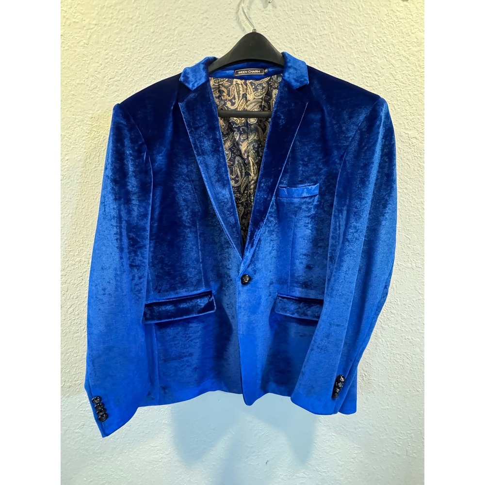 Ween Charm Mens Royal Blue Velvet Blazer Sport Coat Paisley Lining XL Party